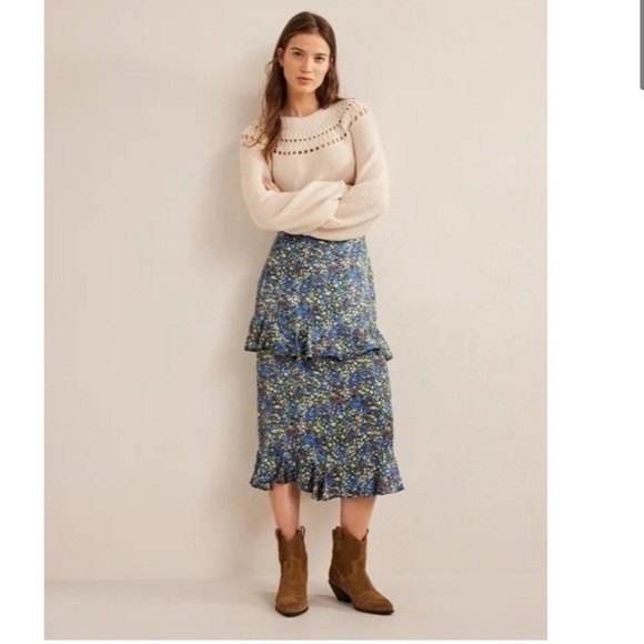 BODEN Satin Ruffle Midi Skirt - Nebulas Blue Floral Print - Picture 2 of 9